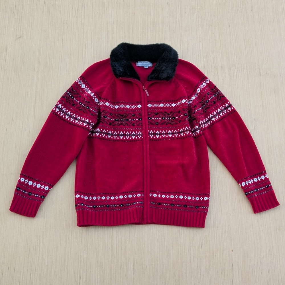 Carolyn Taylor Red Christmas Fair Isle Knit Faux Fur Zipper Jacket Womens Medium